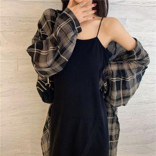 Spaghetti Strap Midi A-line Dress / Plaid Shirt