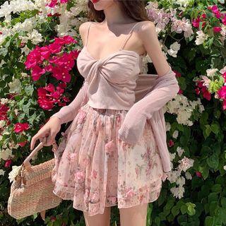 Knit Jacket + Floral Skirt + Camisole Top
