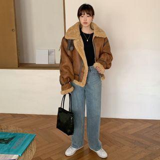 Convertible-neck Faux-shearling Biker Jacket Camel - One Size