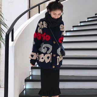 Letter Cardigan / Midi Fitted Skirt / Set