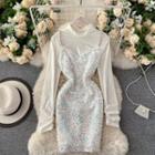 Set : Plain High-neck Long-sleeve Top + Sequin Spaghetti-strap Dress