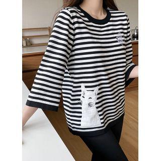 3/4-sleeve Cat-patched T-shirt