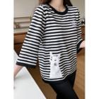 3/4-sleeve Cat-patched T-shirt