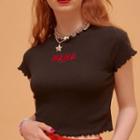 Letter Embroidered Short-sleeve Knit Top Black - One Size