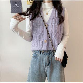 Plain Cable Knit Vest / Long-sleeve Plain High-neck Top