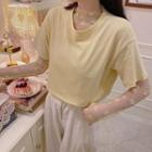 Short-sleeve T-shirt / Flower Embroidered Long-sleeve Mesh Top