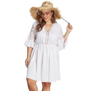Plus Size Elbow-sleeve Lace Panel A-line Dress
