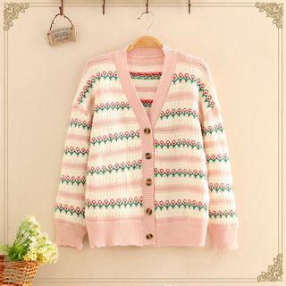 Color-block Floral Jacquard Knit Cardigan