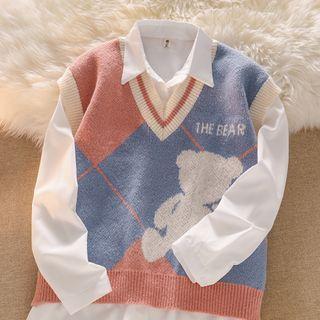 Long-sleeve Plain Shirt / Color Block Knit Vest