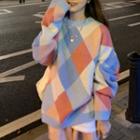 Round-neck Argyle Plaid Sweater Pink - One Size