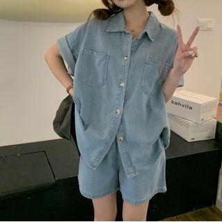Short-sleeve Dual-pocket Denim Shirt / High-waist Wide-leg Denim Shorts
