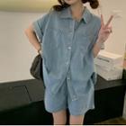 Short-sleeve Dual-pocket Denim Shirt / High-waist Wide-leg Denim Shorts