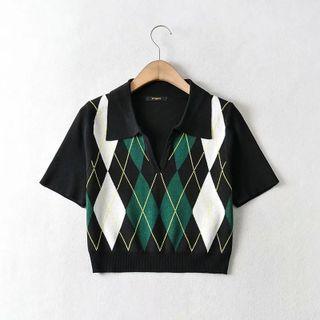 Short-sleeve Open-collar Cropped Argyle Knit Top