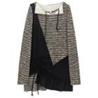 Long-sleeve Drawstring Striped Irregular Mini A-line Dress