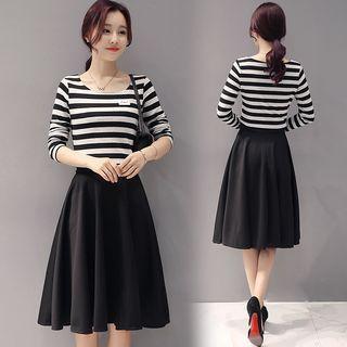 Set: Stripe Long-sleeve Top + Pleated Skirt