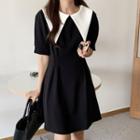 Puff Sleeve Peter Pan Color Block Dress Black - One Size