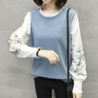 Mock Two-piece Flower Embroidered Long-sleeve Top
