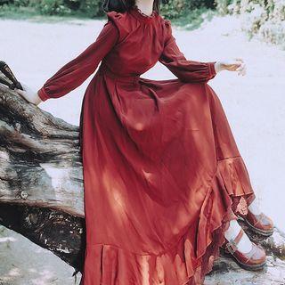 Mock Neck Ruffle Plain Maxi Dress