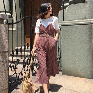 Set: Short-sleeve T-shirt + Pinstripe Spaghetti Strap Dungaree