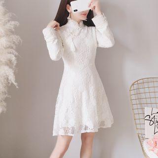 Long-sleeve Lace-overlay A-line Dress