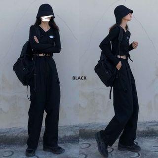 Long-sleeve Crop Top / Straight-cut Pants