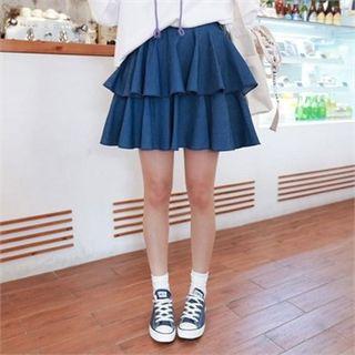 Inner Shorts Ruffle-tiered Denim Miniskirt