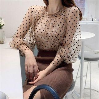 Set: Round-neck Dotted Sheer Top + Spaghetti-strap Top Beige - One Size