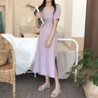 Short-sleeve Square-neck Plain Elastic-waist Dress