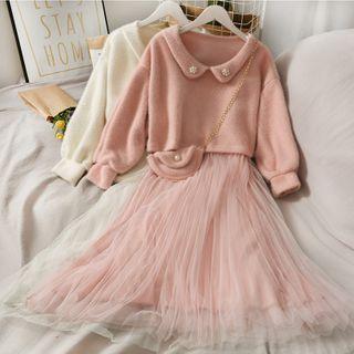 Set: Peter Pan-collar Cropped Top + Mesh Slipdress