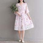 Set: Slipdress + Elbow-sleeve Floral Print A-line Midi Dress