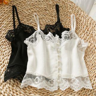 Lace-panel Button-up Crop Knit Top