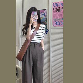 Short-sleeve Striped Knit Polo Shirt / Loose Fit Dress Pants