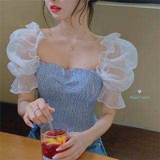 Mesh Panel Puff-sleeve Cropped Crinkle Blouse Blue - One Size