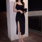 Spaghetti Strap Slit Midi Sheath Dress Black - One Size