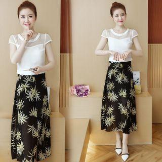 Set: Short-sleeve Chiffon Top + Midi Skirt