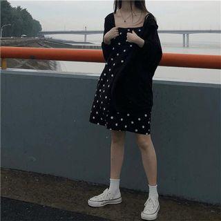 Spaghetti-strap Polka Dot Dress Black - One Size