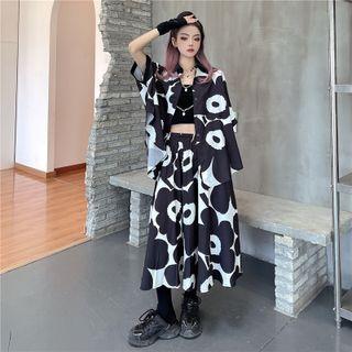 Set - Print Short-sleeve Shirt + Medium Maxi Semi Skirt
