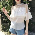 Mesh Panel Ruffle Trim Short-sleeve Top