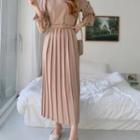 Long-sleeve Round-neck Plain Belt Dress