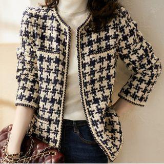 Long-sleeve Round-neck Houndstooth Woolen Jacket