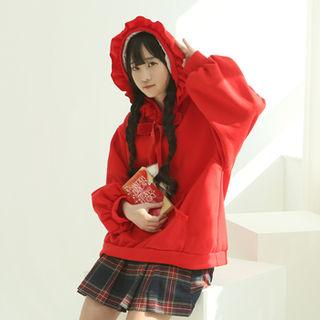 Frill-trim Pompom Hoodie Red - One Size