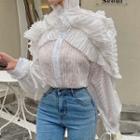 Long-sleeve Frill Trim Turtleneck Blouse White - One Size