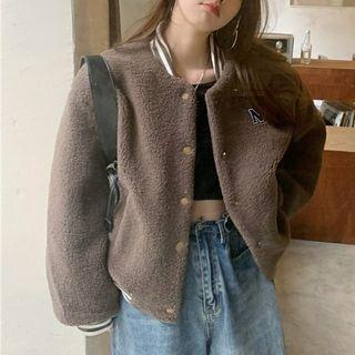 Long-sleeve Letter Embroidered Fleece Baseball Jacket