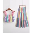 Set: Color Block Crop Camisole Top + Midi A-line Skirt
