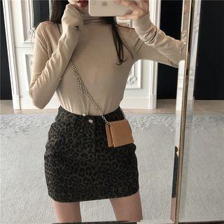 Mock Neck Long-sleeve Top/ Leopard Print Mini Pencil Skirt