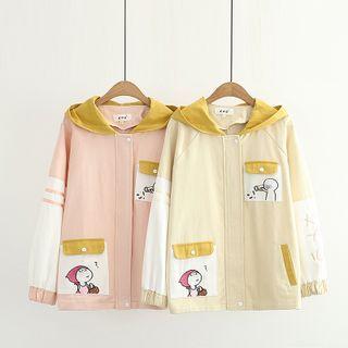 Color Block Cartoon Embroidered Hooded Jacket