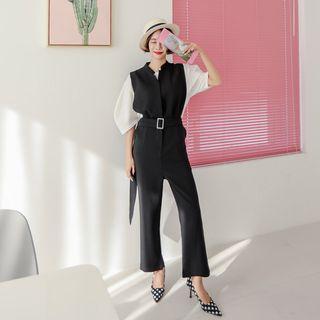 Mandarin-collar Open-placket Jumpsuit With Belt