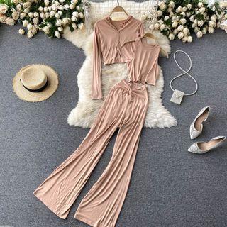 Set Of 3 : Plain Tank Top + Long-sleeve Hooded Jacket + High-waist Wide-leg Pants Khaki - One Size