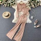 Set Of 3 : Plain Tank Top + Long-sleeve Hooded Jacket + High-waist Wide-leg Pants Khaki - One Size