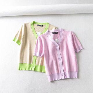 Two-tone Short-sleeve Cropped Cardigan